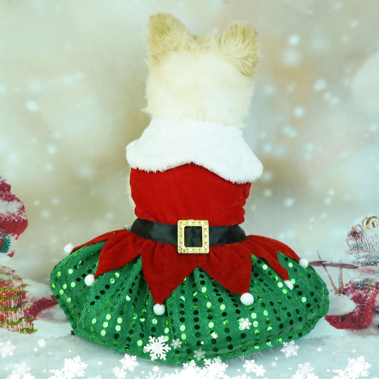 Christmas Pet Dog Clothing Holiday Party Santa Claus Dress Gold Velvet Fabric